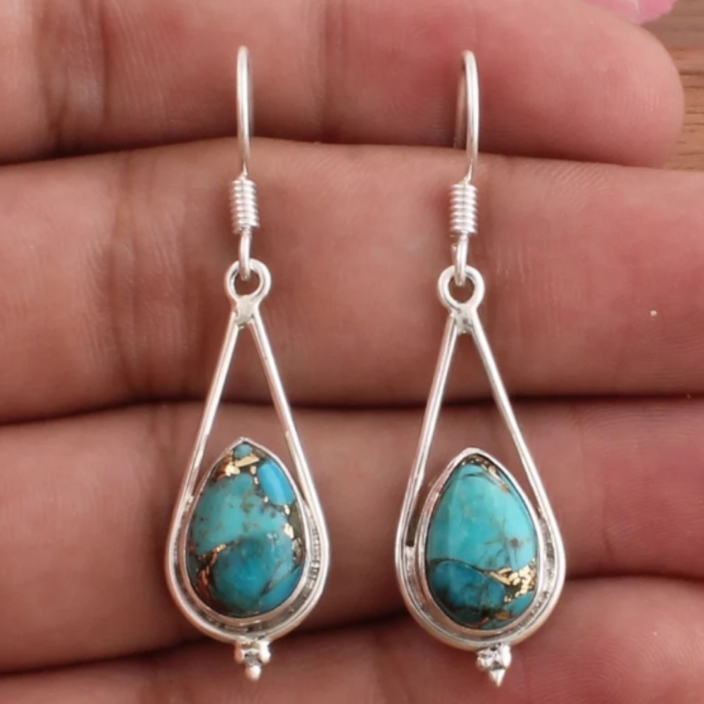 Boho Turquoise Teardrop Earrings, 925 Sterling Silver